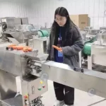 un ouvrier teste la machine à éplucher les carottes