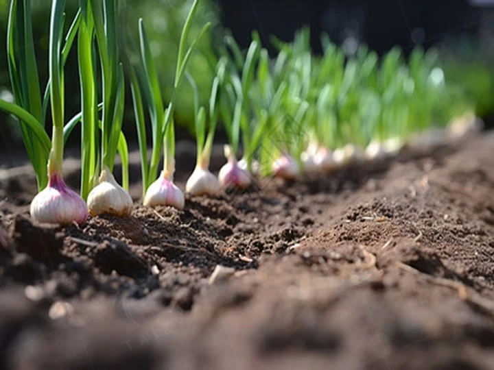 Les plants d'ail prospèrent